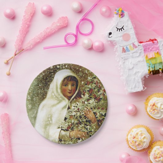 Victoriaans wintermeisje hulsttakken sneeuw papieren bordje (Feest)