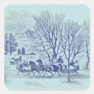 Victoriaans winterscène in blauw vierkante sticker