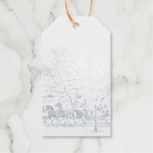 Victoriaans winterscène - zilver cadeaulabels (Voorkant)