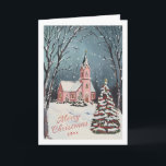 Victoriaans winterscène zonder kerstfoto feestdagen kaart<br><div class="desc">Roze kapel op een besneeuwde avond met versierde kerstbomen; "vrolijk kerstfeest" in lintstijl,  open volledige editor om te verwijderen en voeg je eigen groet toe. Bewerkbaar jaar aan de voorkant en tekst aan de binnenkant. Originele illustratie door Becky Nimoy.</div>