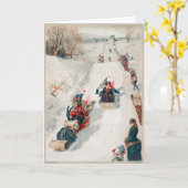 Victoriaans winterslee sneeuwslee scène kaart (Gele Bloem)