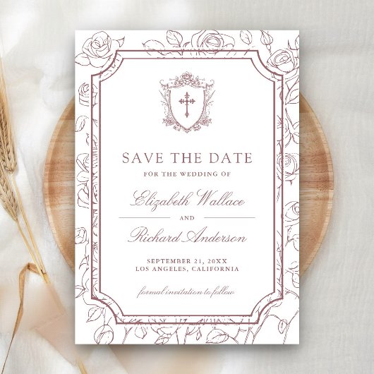 Victoriaans Wit en Stof Roze Katholieke Bruiloft Save The Date
