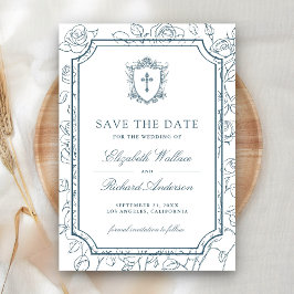 Victoriaans Wit en Stofblauw Katholieke Trouwdag Save The Date