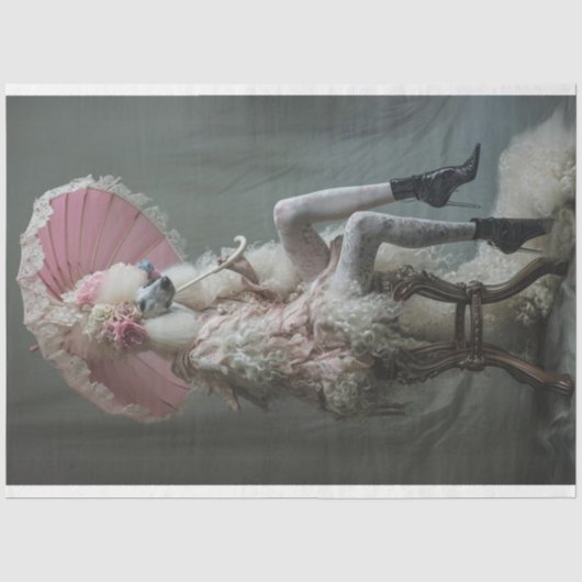 Victoriaans  wit poedel roze decoupage tissuepapier (Voorkant)