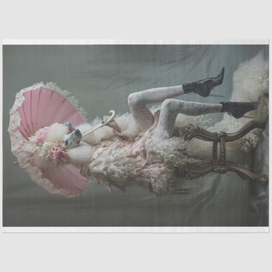 Victoriaans  wit poedel roze decoupage tissuepapier (Voorkant)