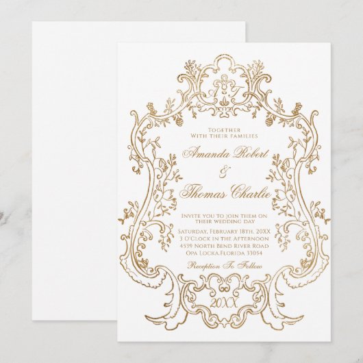 Victoriaans witte en gouden bruiloft kaart (Voorkant / Achterkant)