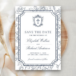 Victoriaans witte en marineblauwe katholieke bruil save the date