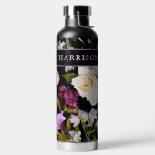Victoriaans witte en Paarse Floral op zwart / naam Waterfles (Links)