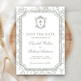 Victoriaans witte en saliegroene katholieke bruilo save the date