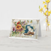 Victoriaans Witte Kat In Schoen Verjaardag Kaart (Gele Bloem)