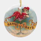 Victoriaans Woman Red Champagne Happy Keramisch Ornament (Voorkant)