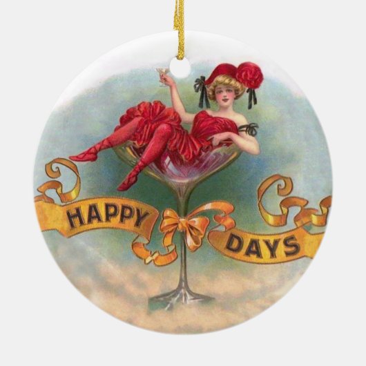 Victoriaans Woman Red Champagne Happy Keramisch Ornament (Achterkant)