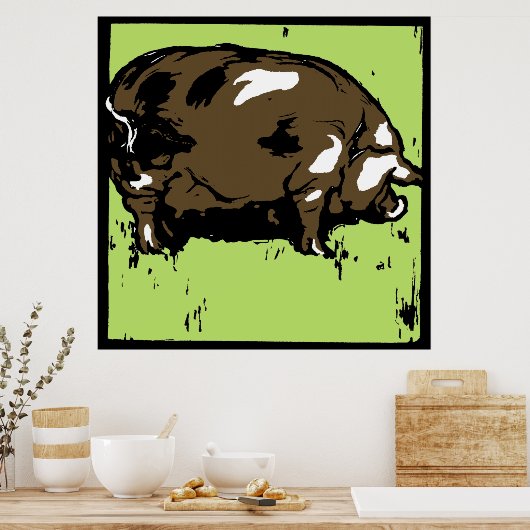 Victoriaans Woodcut Farm Animals Pig Poster (Keuken)