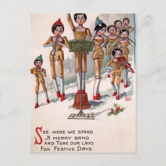  Victoriaans Wooden Doll Band Kerstmis Briefkaart (Voorkant)