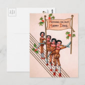 Victoriaans Wooden Dolls Happy Kerstmis Briefkaart (Voorkant / Achterkant)