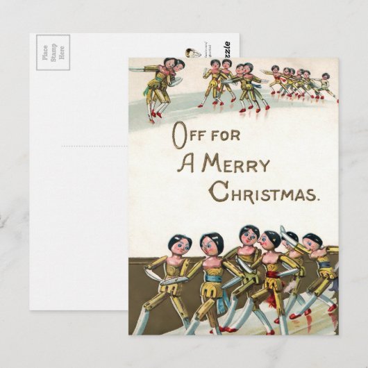  Victoriaans Wooden Dolls Merry Kerstmis Briefkaart (Voorkant / Achterkant)