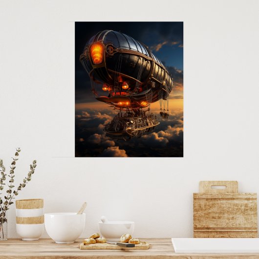 Victoriaans Zeppelin Zonsondergang: Steampunk Fant Poster (Keuken)