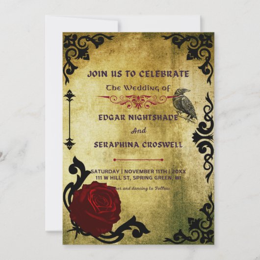 Victoriaans Zwart en Rood Gotisch Bruiloft Uitnodi Kaart (Voorkant)