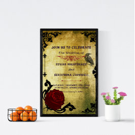 Victoriaans Zwart en Rood Gotisch Bruiloft Uitnodi Kaart