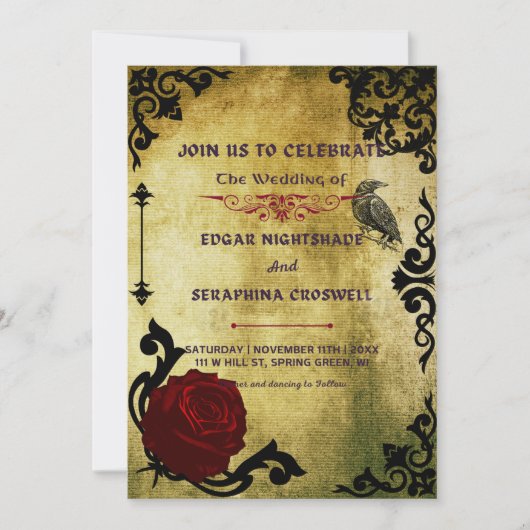 Victoriaans Zwart en Rood Gotisch Bruiloft Uitnodi Kaart (Voorkant)