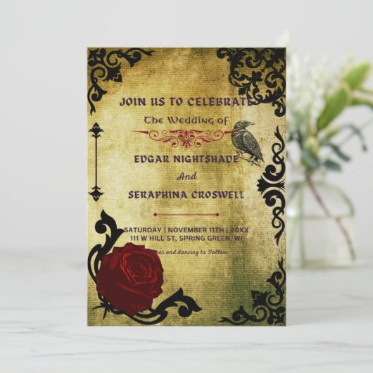 Victoriaans Zwart en Rood Gotisch Bruiloft Uitnodi Kaart (Staand voorkant)