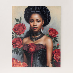 Victoriaans zwart meisje rode rozen Gothic portret Legpuzzel