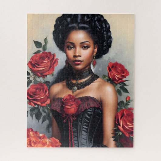 Victoriaans zwart meisje rode rozen Gothic portret Legpuzzel (Verticaal)