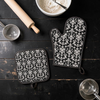 Victoriaans zwart-wit damastpatroon ovenwant & pannenlap set