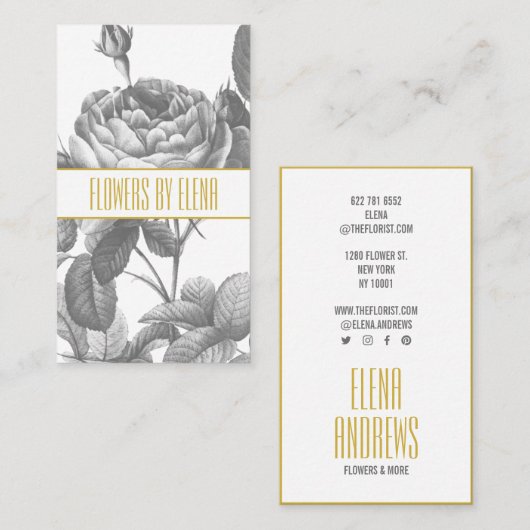 Victoriaans zwart-witte rozenbloemen chic gold visitekaartje (Voorkant / Achterkant)