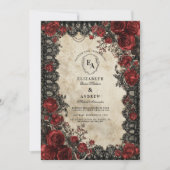 Victoriaans zwarte kant en karmozijnrode bloemen kaart (Voorkant)