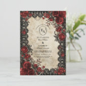 Victoriaans zwarte kant en karmozijnrode bloemen kaart (Staand voorkant)