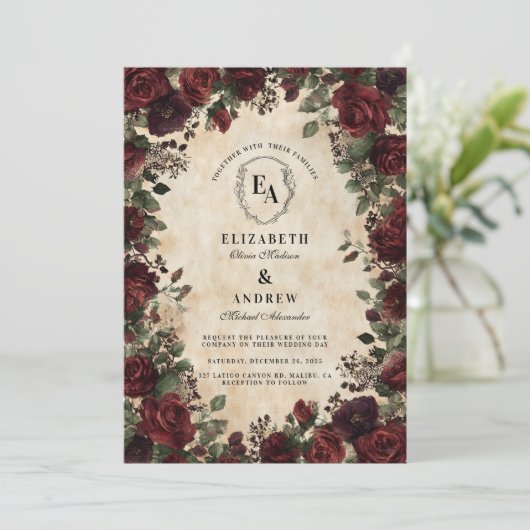 Victoriaans zwarte kant Roos bruiloft Kaart (Staand voorkant)