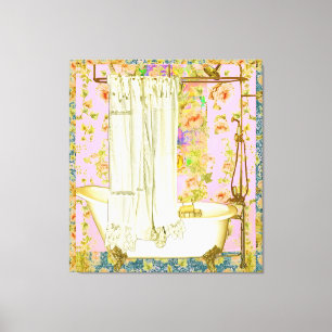 Victoriaanse badkuip messing beslag Roze achtergro Canvas Afdruk