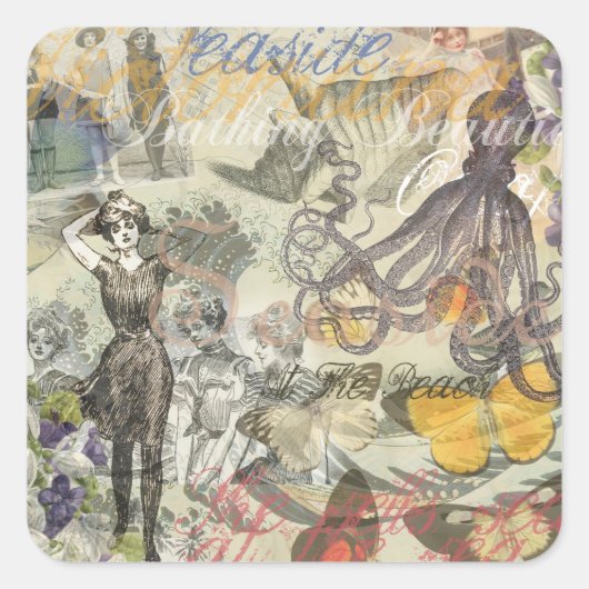 Victoriaanse badschone Kraken Vintage Surrealisme Vierkante Sticker (Voorkant)