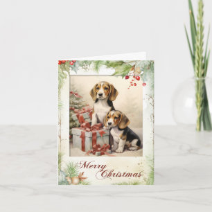 Victoriaanse Beagle Puppy Kerstmis Feestdagen Kaart