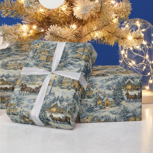 Victoriaanse besneeuwde dorpskerstillustratie cadeaupapier (Feestdagen)