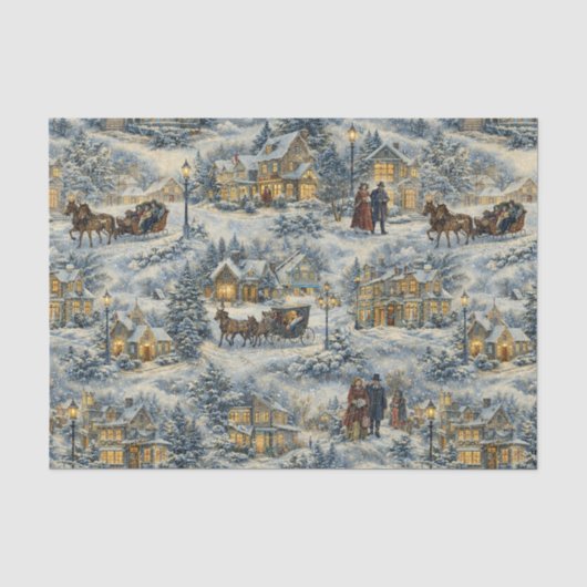 Victoriaanse besneeuwde dorpskerstillustratie tissuepapier (Voorkant)