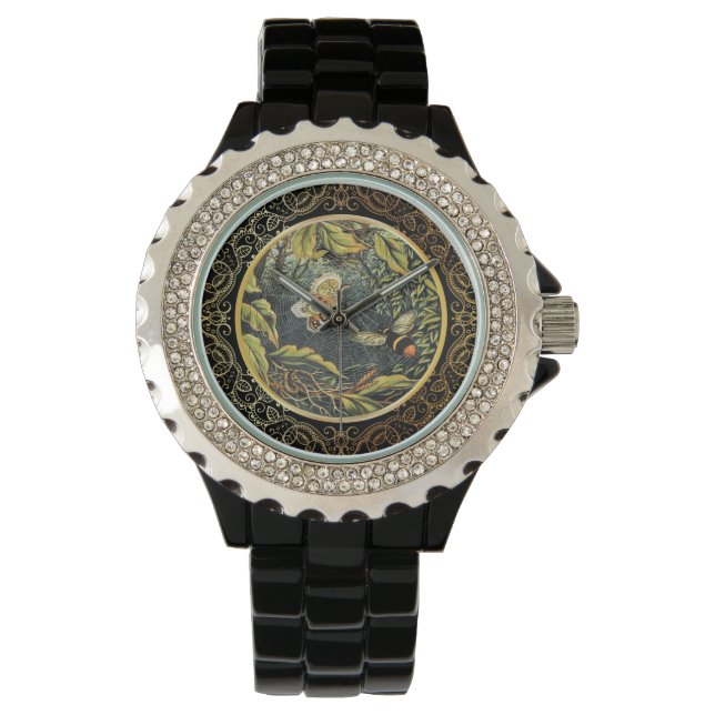 Victoriaanse Bij en Vlinder in Spinnenweb Horloge (Voorkant)