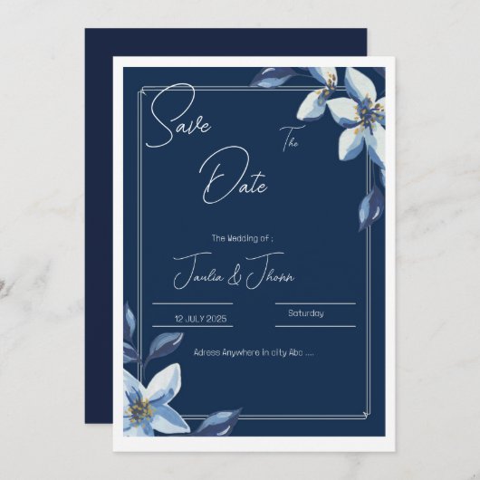 Victoriaanse Blauwe Bloemige Stof Blauwe Trouw Sav Save The Date (Voorkant / Achterkant)