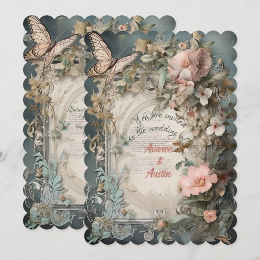 Victoriaanse blauwe en roze bloemen en vlinders kaart (Voorkant / Achterkant)