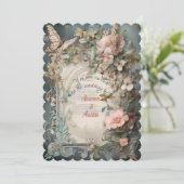 Victoriaanse blauwe en roze bloemen en vlinders kaart (Staand voorkant)