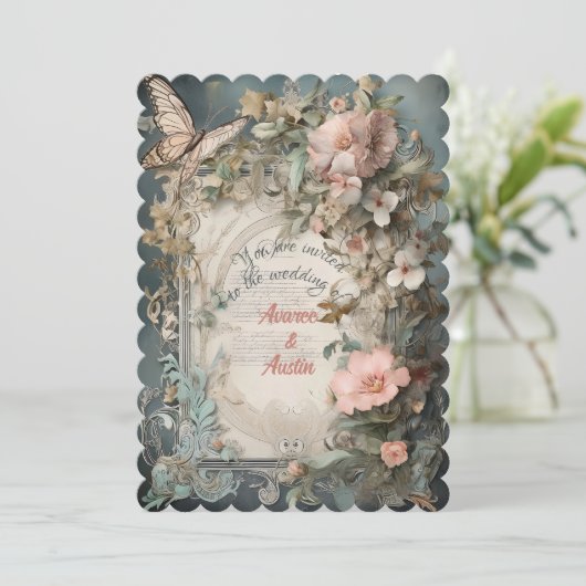 Victoriaanse blauwe en roze bloemen en vlinders kaart (Staand voorkant)