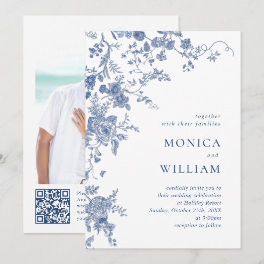 Victoriaanse Blauwe Franse Bloem Foto QR code Trou Kaart (Voorkant / Achterkant)