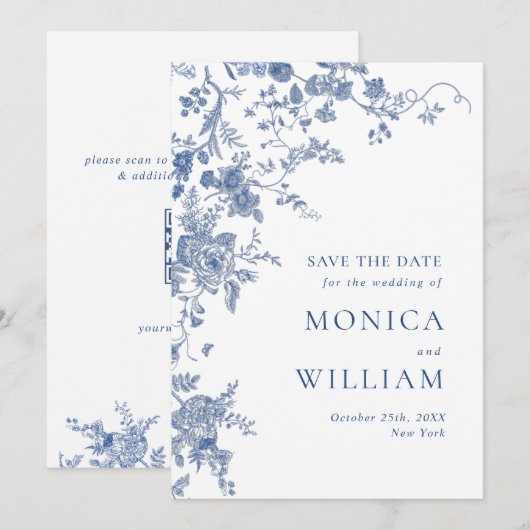 Victoriaanse Blauwe Franse Tuin Bruiloft QR code Save The Date (Voorkant / Achterkant)