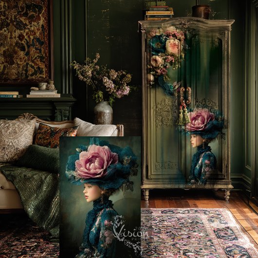 Victoriaanse bloei, fantasyp-portret, bloemcouture tissuepapier