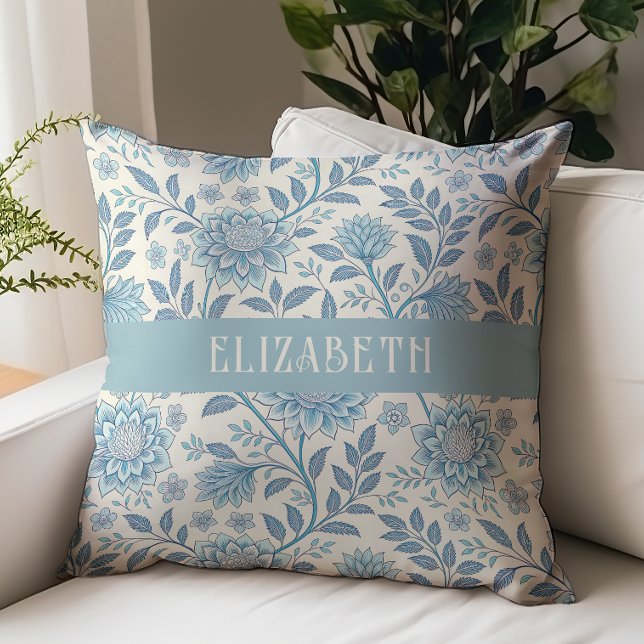 Victoriaanse bloem Chintz monogram naam Blauw Kussen (Creator heeft geüpload)