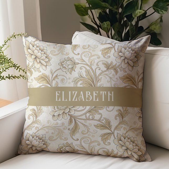 Victoriaanse bloem Chintz monogram naam ivoor goud Kussen (Creator heeft geüpload)
