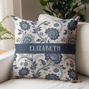Victoriaanse bloem Chintz monogram naam Navy blauw Kussen