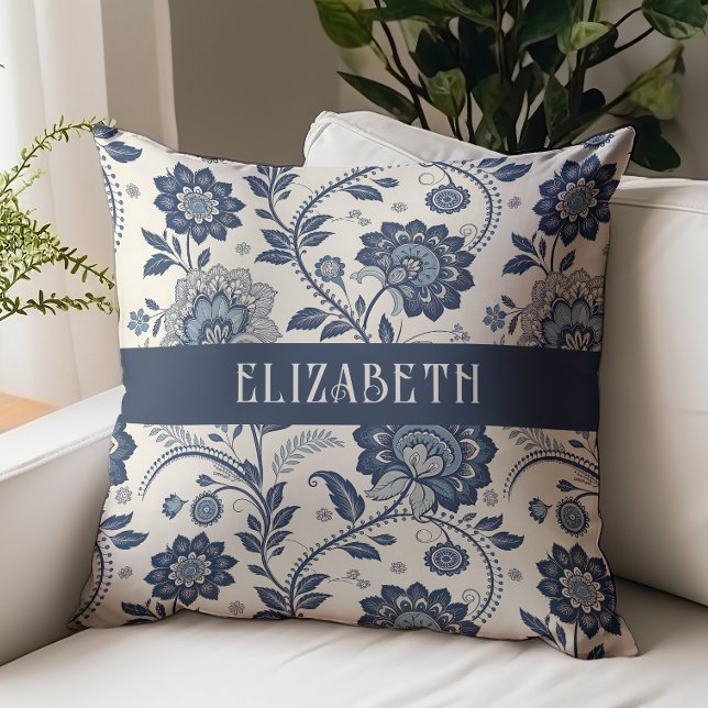 Victoriaanse bloem Chintz monogram naam Navy blauw Kussen (Creator heeft geüpload)