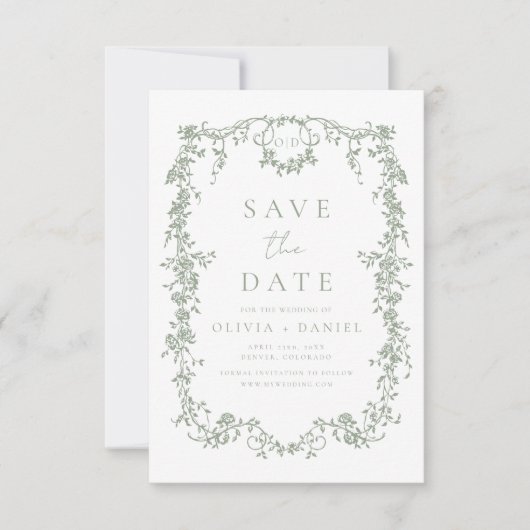 Victoriaanse Bloem Sage Groene Foto Franse Trouwda Save The Date (Voorkant)